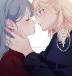  2girls aotsubaki_toto bang_dream! bang_dream!_it's_mygo!!!!! blonde_hair blue_hair blue_shirt closed_eyes commentary_request earrings imminent_kiss jewelry long_hair long_sleeves misumi_uika multiple_girls purple_eyes red_shirt shirt simple_background speech_bubble thought_bubble togawa_sakiko translated white_background yuri 