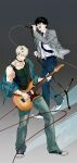  2boys belt black_belt black_choker black_hair black_tank_top blonde_hair blue_pants character_name choker commentary_request converse denim dress_shirt earrings electric_guitar full_body grey_background grey_jacket guitar gyou_chin highres holding holding_microphone_stand instrument jacket jacket_partially_removed jeans jewelry male_focus microphone microphone_stand mole mole_under_eye mole_under_mouth multiple_boys necktie open_clothes open_jacket original pants playing_guitar playing_instrument shirt short_hair simple_background singing tank_top white_shirt 