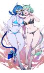  2girls absurdres ahoge alien_mixture antennae bikini black_bikini blue_bikini blue_bow blue_eyes blue_hair blue_nails blue_tail bow braid braided_twintails breasts breasts_squeezed_together colored_sclera colored_skin feet full_body glasses green_hair green_tail grey_sclera hair_between_eyes hair_bow highres holding_hands large_breasts legs mankintan multiple_girls open_mouth pointy_ears print_bikini purple_skin round_eyewear sharp_teeth short_hair simple_background socks_agency star_(symbol) star_print star_print_bikini striped_bikini striped_clothes swimsuit teeth thighs twin_braids virtual_youtuber yellow_eyes yomi_quinnley 