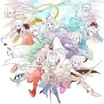  1girl 6+boys absurdres armor baggy_pants bare_shoulders bartz_klauser belt breasts buster_sword cape cecil_harvey closed_mouth cloud_strife commentary_request cropped_jacket detached_sleeves dress dual_wielding everyone fake_horns fighting final_fantasy final_fantasy_i final_fantasy_ii final_fantasy_iii final_fantasy_iv final_fantasy_ix final_fantasy_v final_fantasy_vi final_fantasy_vii final_fantasy_viii final_fantasy_x firion fur-trimmed_jacket fur_trim gloves gunblade hair_between_eyes hair_ribbon headscarf helmet highres holding holding_polearm holding_sword holding_weapon horned_helmet horns jacket long_hair low_ponytail medium_breasts mochimochi_daifuku multiple_belts multiple_boys onion_knight open_mouth over_shoulder overalls pants parted_bangs parted_lips pauldrons polearm ponytail ribbed_shirt ribbon scar scar_on_face scar_on_forehead shirt short_hair shoulder_armor shoulder_spikes single_bare_shoulder single_pauldron sleeveless sleeveless_turtleneck smile spiked_hair spikes squall_leonhart strapless strapless_dress suspenders sword terra_branford tidus tube_dress turtleneck vest warrior_of_light_(ff14) weapon weapon_on_back weapon_over_shoulder white_background wrist_cuffs zidane_tribal 