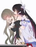  2girls absurdres bite_mark bite_mark_on_neck black_hair blue_eyes blush brown_hair columbina_(genshin_impact) commentary_request covering_own_mouth detached_sleeves doll_joints dress genshin_impact head_wings hickey highres hug hug_from_behind illusion_moon joints korean_commentary long_hair multicolored_hair multiple_girls off-shoulder_dress off_shoulder purple_streaks sandrone_(genshin_impact) simple_background streaked_hair tongue tongue_out white_background white_dress wings yuri 