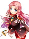  ateka bangs bike_shorts blue_eyes brooch cowboy_shot epaulettes flower gradient_hair highres holding jewelry long_hair long_sleeves multicolored_hair parted_bangs pink_hair rapier rose shoujo_kakumei_utena solo sword tenjou_utena weapon white_background white_flower white_rose 