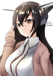  absurdres bad_id bad_pixiv_id black_hair glasses headgear highres kantai_collection long_hair nagato_(kantai_collection) nekobaka red_eyes solo 