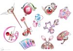  ai_tenshi_densetsu_wedding_peach annotated bagua bow card compact_(cosmetics) cosmetics dr._rin_ni_kiite_mite! flower_wand fushigiboshi_no_futago_hime genre_connection heart heart_necklace heart_wand jewelry kamikaze_kaitou_jeanne lipstick_tube lumina_star luopan mahou_shoujo_ore manaka_laala mermaid_melody_pichi_pichi_pitch microphone necklace no_humans object_focus oshare_majo_love_and_berry pink_bow powerpuff_girls_z pretty_series pripara priticket ryota_(ry_o_ta) seashell shell signature simple_background staff star_(symbol) sugar_sugar_rune tassel ticket trigram wand white_background wings 