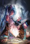  1girl absurdres aqua_necktie bare_shoulders black_boots black_skirt black_sleeves blue_hair blue_trim boots collared_shirt cowboy_shot detached_sleeves english_commentary from_side grey_shirt hair_between_eyes hair_ornament hand_on_ground hatsune_miku highres holding knee_up long_hair looking_at_viewer messy_hair nail_polish necktie parted_lips pleated_skirt profile shirt sidelocks signature sitting skirt sleeveless sleeveless_shirt solo square_hair_ornament thigh_boots twintails very_long_hair vocaloid wide_sleeves yurenai_1 zettai_ryouiki 