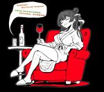  1girl absurdres animal_in_hair bang_dream! bang_dream!_yumemita bathrobe black_background bottle breasts chair chinese_commentary chinese_text cleavage closed_eyes commentary_request crossed_legs cup drinking_glass hair_rings highres holding holding_cup limited_palette long_hair medium_breasts parted_lips qiyue_qi single_hair_ring sitting slippers smile snake solo three-quarter_sleeves translation_request viola_(bang_dream!) voice_recorder wine_bottle wine_glass 