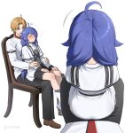  1boy 1girl absurdres ahoge ahoge_wag akaki1088 ass blue_hair blush braid chair closed_eyes closed_mouth commentary expressive_hair full_body highres husband_and_wife long_hair multiple_views mushoku_tensei nape pants roxy_migurdia rudeus_greyrat simple_background sitting sitting_on_lap sitting_on_person smile twin_braids untranslatable_commentary white_background 