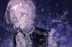  1boy aqua_gem ascot black_capelet black_veil brooch capelet closed_mouth commentary_request cross dated fishnet_gloves fishnets frilled_shirt_collar frills gem gloves grey_nails hair_between_eyes hair_ornament holding holding_cross island729 jewelry looking_at_viewer male_focus mole mole_under_eye multiple_moles nail_polish original own_hands_clasped own_hands_together personification pink_eyes pink_hair polearm raised_inner_eyebrows shirt short_hair smile solo star_(sky) starry_sky_background sunburst triangle trident upper_body veil veil_over_one_eye weapon white_ascot white_shirt x_hair_ornament 