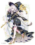  1girl ahoge animal_ears bare_shoulders black_dress black_hat black_nails braid breasts claw_pose closed_mouth commentary_request copyright_notice dress full_body gold_shoes grey_eyes grey_hair hand_up hat holding holding_staff hololive ibara_riato jewelry juliet_sleeves large_breasts lion_ears lion_girl lion_tail long_dress long_hair long_sleeves looking_at_viewer mage_staff magical_girl messy_hair nail_polish off_shoulder official_alternate_costume official_art puffy_sleeves shishiro_botan shoes side_slit sidelocks single_braided_sidelock smile solo staff standing standing_on_one_leg tail thighlet two-sided_dress two-sided_fabric two_side_up virtual_youtuber wide_brim witch_hat zoom_layer 