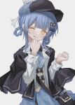  1girl bag bird_hat_ornament black_bag black_bow black_bowtie black_capelet black_hat blue_hair blue_necktie blue_skirt bow bowtie braid braided_hair_rings capelet collared_shirt deerstalker grey_vest hair_bow hair_rings hat hat_bow highres layered_skirt long_sleeves looking_at_viewer mahou_shoujo_no_majo_saiban necktie plaid_clothes plaid_skirt shirt short_hair simple_background skirt solo stgnmdtutakrms tachibana_sherry tongue tongue_out upper_body vest white_background white_shirt wings yellow_eyes 