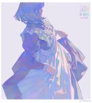  1girl apron art_study artist_name black_dress blue_hair border breasts chinese_commentary commentary_request dated dress english_commentary facing_to_the_side feet_out_of_frame frilled_apron frills from_side grey_background holding_own_dress iridescent juliet_sleeves krenz long_sleeves maid maid_apron medium_hair original puffy_sleeves simple_background small_breasts solo standing watermark weibo_watermark white_apron white_border 