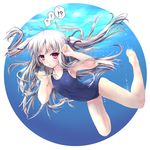 1girl ? absolute_duo barefoot highres long_hair mao_(6r) one-piece_swimsuit red_eyes school_swimsuit silver_hair sinking swimsuit two_side_up underwater yurie_sigtuna 