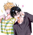  2boys :d ;d alien_stage black_eyes black_hair black_sweater blonde_hair closed_mouth colored_extremities commentary english_commentary fang half-heart_hands heart hherk11 highres ivan_(alien_stage) long_sleeves luka_(alien_stage) male_focus microphone multiple_boys one_eye_closed open_mouth red_pupils shirt sleeveless sleeveless_shirt smile sparkle striped_clothes striped_shirt sweater thick_eyebrows white_background yellow_eyes 