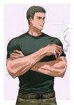  07shiyu 1boy beard_stubble black_shirt brown_hair chris_redfield cigarette commentary_request crossed_arms facial_hair highres holding holding_cigarette looking_to_the_side male_focus resident_evil resident_evil_1 serious shirt short_hair smoke smoke_trail solo stubble veins veiny_arms 