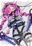  1girl @_@ absurdres alligator_clip arms_across_body arms_under_breasts bdsm blindfold blindfold_on_head blush bound bound_arms braid breasts cable chain collar commentary_request egg_vibrator electrodes electrostimulation highres hitachi_magic_wand lock long_hair mask medium_breasts menou_74 mouth_mask original padlock purple_eyes purple_hair sex_toy solo straitjacket twin_braids uneven_eyes variant_set very_long_hair vibrator vibrator_cord 