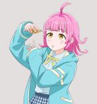  1girl :o ahoge blue_shirt blue_skirt blunt_bangs blush collared_shirt commentary_request cutting_hair cutting_own_hair eyelashes grey_background holding holding_scissors hood hood_down hooded_jacket jacket long_sleeves love_live! love_live!_nijigasaki_high_school_idol_club medium_hair neck_ribbon ootake_toshitomo open_clothes open_jacket open_mouth pink_hair plaid_clothes plaid_skirt ribbon scissors shirt simple_background skirt sleeves_past_wrists solo tennoji_rina yellow_eyes yellow_ribbon 