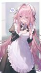  1girl :d apron black_dress blush commentary dress embarrassed feet_out_of_frame frilled_apron frills funa_(sakana) hair_between_eyes hair_intakes highres index_fingers_together juliet_sleeves long_hair long_sleeves maid neck_ribbon open_mouth original pink_hair puffy_sleeves purple_eyes ribbon semi-rimless_eyewear smile solo spoken_spiral very_long_hair white_apron white_headdress white_ribbon 