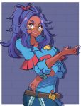  1girl belt blue_pants blue_shirt breasts brown_belt closed_mouth collared_shirt dark-skinned_female dark_skin glasses hair_ornament hexagonal_eyewear highres jewelry long_hair looking_at_viewer medium_breasts messy_hair missandydandy pants pokemon pokemon_scarlet_and_violet ponytail purple_eyes purple_hair raifort_(pokemon) semi-rimless_eyewear shirt shirt_partially_tucked_in smile solo under-rim_eyewear yellow-framed_eyewear 