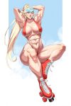  1girl abs arli_(minh_pham) bikini blonde_hair boots commentary english_commentary grey_eyes hands_on_own_head highres long_hair looking_to_the_side minh_pham muscular muscular_female original pointy_ears ponytail red_bikini red_boots roller_skates skates solo swimsuit visor_cap 