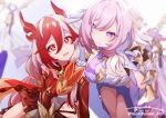 2girls aco_(bearchannel) bare_shoulders chinese_clothes commentary_request detached_sleeves diamond-shaped_pupils diamond_(shape) dress elbow_gloves elf elysia_(herrscher_of_human:_ego)_(honkai_impact) elysia_(honkai_impact) eyeliner fu_hua fu_hua_(fenghuang_of_vicissitude) gloves hair_between_eyes hand_on_another's_shoulder highres honkai_(series) honkai_impact_3rd long_hair low-tied_long_hair low_twintails makeup multicolored_hair multiple_girls open_mouth pink_eyes pink_hair pink_pupils pointy_ears purple_eyes red_eyeliner red_eyes red_gloves red_hair red_scales source_quote streaked_hair symbol-shaped_pupils textless_version thighs twintails twitter_username two-tone_hair very_long_hair white_dress white_gloves white_hair yellow_pupils 