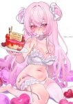  1girl absurdres artist_name barefoot bow bra breasts cake commentary_request double_bun english_text food frilled_bra frills hair_between_eyes hair_bun hair_ornament heart heart-shaped_pupils highres holding large_breasts legband long_hair navel original panties pink_eyes pink_hair plate profanity simple_background sitting solo symbol-shaped_pupils tanu_yuzu underwear wariza white_bow 
