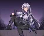  1girl ak-12 ak-12_(girls'_frontline) arm_behind_back assault_rifle black_gloves black_pants blush boots breasts closed_eyes closed_mouth ducky_(sgtducky96) feet_out_of_frame girls'_frontline girls'_frontline_2:_exilium gloves grey_cloak grey_hair grey_jacket gun highres holding holding_gun holding_weapon jacket kalashnikov_rifle koleda_(girls'_frontline_2) long_hair medium_breasts pants partially_fingerless_gloves rifle sidelocks simple_background sitting smile solo v weapon 