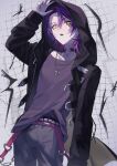  1boy belt black_jacket chain choker collarbone commentary cowboy_shot cross cross_necklace grey_pants grid_background highres hood hood_up hooded_jacket jacket jewelry long_sleeves looking_at_viewer male_focus necklace nijisanji open_clothes open_jacket open_mouth pants purple_hair purple_shirt sai_saburou shirt solo standing untranslatable_commentary virtual_youtuber watarai_hibari watarai_hibari_(4th_costume) yellow_eyes 