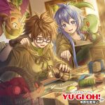  2girls 2others ahoge anonymous_(yu-gi-oh!) archfiend_marmot_of_nefariousness aussa_(yu-gi-oh!) aussa_the_earth_charmer basket blue_eyes blue_hair book breasts brown_eyes brown_hair brown_robe copyright_name duel_monster dutch_angle eria_(yu-gi-oh!) eria_the_water_charmer green_sweater hair_between_eyes holding holding_book holding_sewing_needle hooded_robe indoors long_hair lower_teeth_only lowres multiple_girls multiple_others needle official_art open_mouth petit_dragon picture_frame pincushion rectangular_eyewear ribbed_sweater ribbon robe sewing sewing_needle sidelocks sunlight sweater teeth turtleneck turtleneck_sweater wicker_basket wrist_guards yarn yarn_ball yu-gi-oh! yu-gi-oh!_rush_duel 