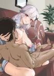  1boy 1girl absurdres azur_lane black_hair blush breast_sucking breasts censored commentary cum dark-skinned_male dark_skin dunkerque_(afternoon_venus)_(azur_lane) dunkerque_(azur_lane) ejaculation erection grabbing_another's_breast grey_hair grin groping hand_on_another's_head handjob hetero highres jacket long_hair looking_at_another lying_on_lap mosaic_censoring nipples nukege_ojisan nursing_handjob official_alternate_costume penis red_eyes sidelocks smile swept_bangs white_jacket 