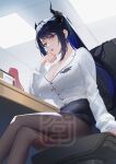  2girls asymmetrical_horns black_flower black_hair black_horns blue_hair blue_streaks breasts buttons ceiling ceiling_light chair cleavage cleavage_cutout clothing_cutout collared_shirt colored_inner_hair commentary crossed_legs demon_girl demon_horns desk dress_shirt elbow_on_table elizabeth_rose_bloodflame english_commentary feet_out_of_frame flower from_below hand_on_chair hand_on_own_chin hololive hololive_english horn_flower horns indoors jewelry juwei large_breasts long_sleeves looking_at_viewer mole mole_under_eye multicolored_hair multiple_girls necklace nerissa_ravencroft nerissa_ravencroft_(casual) office_chair office_lady official_alternate_costume on_chair pantyhose parted_lips pencil_skirt pink_eyes shirt sidelocks sitting skirt solo_focus streaked_hair swept_bangs swivel_chair tile_ceiling tiles two-tone_hair uneven_horns virtual_youtuber white_shirt 