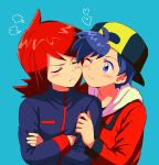  2boys backwards_hat baseball_cap black_hair blue_background blush closed_eyes closed_mouth commentary_request cowlick crossed_arms ethan_(pokemon) hat heart holding holding_another's_arm jacket long_hair long_sleeves male_focus mizuki_(gensin) multiple_boys pokemon pokemon_heartgold_and_soulsilver pout red_hair red_jacket short_hair silver_(pokemon) simple_background turtleneck turtleneck_jacket yaoi 