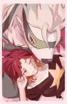  2girls black_mask black_shirt breasts brown_hair collarbone commentary_request digimon digimon_(creature) digimon_beatbreak eye_mask furry furry_female green_eyes highres kottiedg lap_pillow light_smile looking_at_another mask multicolored_hair multiple_girls one_eye_closed orange_hair print_shirt red_eyes revision sakuya_reina shirt short_hair small_breasts smile star_(symbol) star_print twitter_username two-tone_hair wolvermon 
