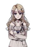  1girl averting_eyes ayami_(love_angel_syndrome) blonde_hair blue_streaks breasts butterfly_necklace cleavage cowboy_shot crossed_arms dress game_asset jewelry looking_to_the_side love_angel_syndrome multicolored_hair necklace nervous non-web_source off-shoulder_dress off_shoulder official_art pearl_necklace pink_eyes pink_streaks ribbed_dress self-datamine solo streaked_hair tachi-e transparent_background white_dress 