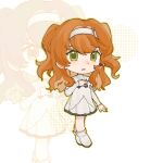  1girl :o aged_down bad_id bad_xiaohongshu_id black_bow black_bowtie boots bow bowtie chibi crossed_legs dress full_body green_eyes hairband hand_on_own_chest highres looking_at_viewer medium_hair reverse:1999 solo sonetto_(reverse:1999) standing two_side_up white_background white_boots white_dress white_hairband yuyuyuyuyugao zoom_layer 