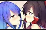  blue_hair blush bow brown_hair downscaled eye_contact food from_side hair_bow hair_tubes hakurei_reimu hinanawi_tenshi ichiyan image_sample letterboxed long_hair looking_at_another md5_mismatch multiple_girls no_hat no_headwear pocky pocky_kiss portrait profile red_eyes resized shared_food touhou twitter_sample yuri 