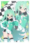  1girl adjusting_eyewear ahoge black_panties black_thighhighs boots breasts checkered_flag cleavage commentary_request commission covered_navel flag green_hair headphones headphones_around_neck highres masakamea microskirt open_mouth original panties race_flag red-framed_eyewear semi-rimless_eyewear skirt small_breasts thigh_boots thighhighs under-rim_eyewear underwear zoom_layer 