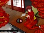  1girl autumn_leaves bird black_sandals brown_eyes closed_mouth commentary_request cup full_body hishimochi japanese_clothes kimono leaf leaf_print long_sleeves maple_leaf_print obi okobo original persona persona_pixiv_edition platform_sandals porch red_hair red_kimono sandals sash sengoku_esuji short_hair shouji sitting sliding_doors smile solo tatami tea teapot tray yellow_sash yokozuwari yunomi 