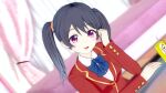  1girl 3d advanced_nurturing_high_school_uniform bed blue_ribbon commission highres koikatsu_(medium) lee_(pixiv_96671052) pixiv_commission purple_eyes purple_hair ribbon school_uniform short_twintails smile solo twintails wang_meiyu youkoso_jitsuryoku_shijou_shugi_no_kyoushitsu_e 