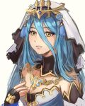  1girl azura_(fire_emblem) azura_(lady_of_reflection)_(fire_emblem) blue_hair breasts crown dicasa_art fire_emblem fire_emblem_fates fire_emblem_heroes gloves hair_between_eyes hand_on_own_chest happy highres jewelry long_hair looking_at_viewer open_mouth simple_background small_breasts smile solo tassel upper_body veil very_long_hair white_background yellow_eyes 