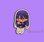  1girl ball_hands black_skirt black_socks blue_jacket blush chibi chibi_only closed_mouth collared_shirt commentary_request copyright_name drop_shadow eyelashes full_body gundam gundam_gquuuuuux hair_between_eyes jacket long_hair long_sleeves nekomiya_mizuki nyaan_(gundam_gquuuuuux) open_clothes open_jacket outline purple_background purple_hair shirt shoelaces shoes simple_background skirt socks solo white_outline white_shirt yellow_eyes yellow_shoes 