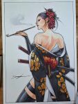  1girl black_kimono cowboy_shot floral_print from_behind highres holding holding_smoking_pipe japanese_clothes jee-hyung_lee katana kimono marvel psylocke smoke smoking_pipe solo standing sword traditional_media weapon x-men 