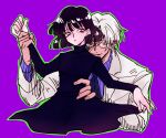  1boy 1girl bishoujo_senshi_sailor_moon bishoujo_senshi_sailor_moon_s black_dress commentary_request dress father_and_child father_and_daughter glasses grabbing_from_behind hand_on_another's_waist holding_another's_wrist jacket jujujuxxx long_sleeves necktie parent_and_child purple_background purple_shirt shirt short_hair smile striped_clothes striped_shirt suit_jacket tomoe_hotaru tomoe_souichi turtleneck turtleneck_dress upper_body white_hair white_jacket 