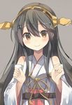  bare_shoulders black_hair brown_background brown_eyes detached_sleeves downscaled hair_ornament hairclip haruna_(kantai_collection) headgear highres isegawa_yasutaka kantai_collection long_hair looking_at_viewer md5_mismatch nontraditional_miko resized simple_background smile solo upper_body 