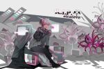  1girl animal_ears asakura_neko black_boots black_gloves black_hair black_jacket black_leggings boots cat_ears closed_mouth colored_bangs crossed_arms cytus cytus_ii fake_animal_ears fingerless_gloves flower gloves grey_shirt highres jacket knee_up leggings monitor multiple_monitors pink_eyes pink_hair rainfox shirt short_hair sitting solo spider_lily torn_clothes torn_leggings 
