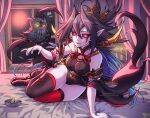  1girl arm_support armpit_crease artist_name asymmetrical_legwear asymmetrical_sleeves bare_shoulders beak bird bird_on_hand black_claws black_feathers black_hair black_leotard black_sclera black_sleeves black_thighhighs blue_hair breasts candle chinese_hairpin claws colored_sclera curtains dated detached_sleeves facial_mark feathers fire force_of_will full_moon gold groin hair_between_eyes hair_intakes hair_ornament hair_stick hand_tattoo highres japanese_clothes leotard long_hair looking_at_viewer lying medium_breasts mismatched_legwear mismatched_sleeves mismatched_thighhighs moon multicolored_hair multicolored_thighhighs night okobo on_bed on_side open_mouth owl pale_skin platform_sandals pointy_ears red_eyes red_moon red_rope red_thighhighs reiya_(force_of_will) rope sandals shinbross showgirl_skirt sideboob signature sky solo talons tattoo thighhighs two-tone_hair two-tone_sleeves two-tone_thighhighs vampire very_long_hair white_sleeves window yellow_sclera 