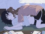  2girls bed black_hair black_shorts blue_eyes braid brown_hair brown_shirt clothes_lift commentary dolphin_shorts english_commentary eraser half_up_braid hand_on_another's_stomach hickey highres holding_hands indoors interlocked_fingers long_hair medium_hair miyagi_shiori multiple_girls notebook on_floor open_mouth pencil sendai_hazuki shirt shirt_lift shorts shuukuraholic shuuniichido_classmate_wo_kau_hanashi sweat white_shirt yuri 