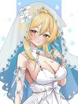  1girl absurdres blonde_hair breasts bridal_veil cleavage commentary_request dress feather_hair_ornament feathers flower genshin_impact hair_flower hair_ornament highres ikurumidwd looking_at_viewer lumine_(genshin_impact) short_hair_with_long_locks veil wedding_dress white_dress white_flower white_veil yellow_eyes 