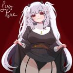  1girl absurdres black_dress blunt_bangs breasts cameltoe clothes_lift cross cross_necklace demon_girl demon_horns dress dress_lift english_commentary garter_straps grey_hair highres horns indie_virtual_youtuber inverted_cross inverted_cross_necklace jewelry large_breasts long_hair looking_at_viewer lucy_pyre melodyoneechan necklace pointy_ears red_background red_eyes red_nails solo thighs virtual_youtuber 