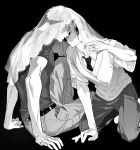  2boys belt black_background commentary_request denim dress_shirt face-to-face greyscale gyou_chin highres jeans male_focus mole mole_under_eye mole_under_mouth monochrome multiple_boys necktie original pants shirt short_hair simple_background sitting sweater_vest veil yaoi 