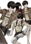  1boy 1girl arm_on_knee arm_support black_hair brown_jacket brown_shirt closed_mouth cropped_jacket eren_yeager green_eyes hair_between_eyes highres jacket knee_up looking_at_viewer male_focus mikasa_ackerman pants pants_rolled_up paradis_military_uniform parted_lips red_scarf scarf shingeki_no_kyojin shirt short_hair simple_background sitting sso_s survey_corps_(emblem) teeth three-dimensional_maneuver_gear white_background white_pants 
